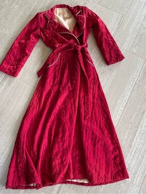 Vintage Women’s Long Satin Quilted Robe in Deep Red, fully lined